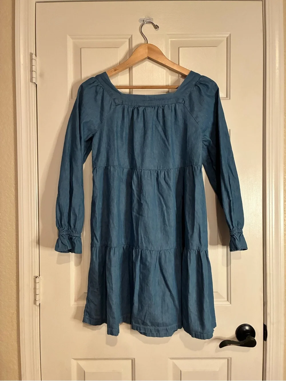 GAP Blue Denim-Style Tiered Long-Sleeve Girls Dress